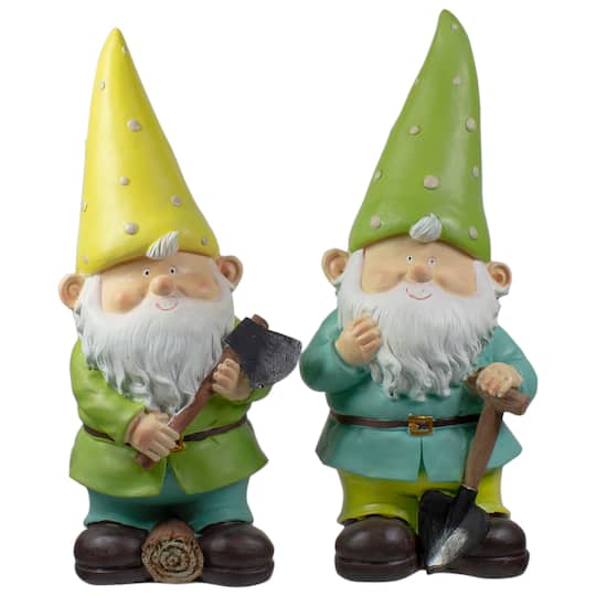 12.25" Green & Yellow Gnome Outdoor Garden Statue Set